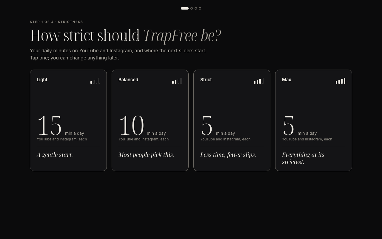 TrapFree's setup, step 1 of 4: "How strict should TrapFree be?" with four cards: Light (15 min), Balanced (10 min), Strict (5 min) or Max (5 min, every category at its strictest).