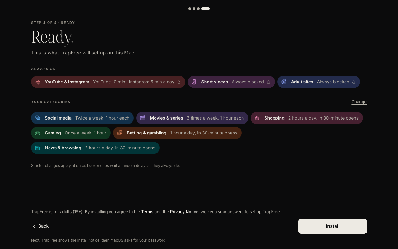 TrapFree's setup with a limit for each app: YouTube 10 minutes and Instagram 5 minutes a day, for all devices together.